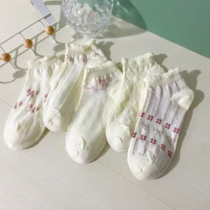 Japanese style cute women short socks lace ruffles floral bow ankle socks 5 pairs set