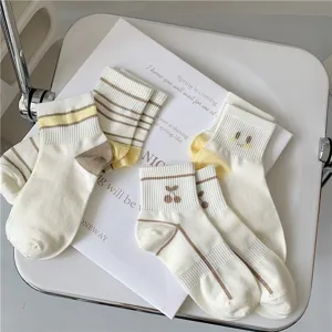 Japanese style cute women socks short cotton summer striped cherry embroidery breathable 4 pairs