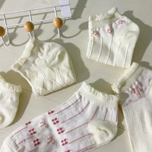 Japanese lace ruffle short socks detail, cute floral print and bows design for women.