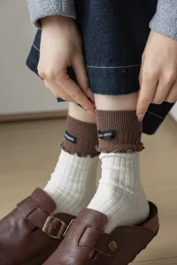 Japanese style retro stacked socks women daily casual ribbed layered socks with cute small label