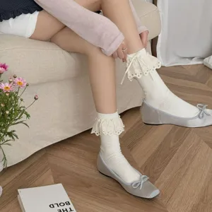 Chaussettes Mi-Bas Douces Lolita avec Volants en Dentelle et Noeud pour Femmes Style Coréen Mignon Carreaux Coton Décontracté