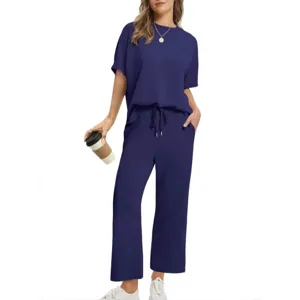 Women Casual Summer Top And Bottom Short Sleeve Round Neck T-Shirt And Drawstring Wide Leg Cropped Pants Urban Commuter Outfit