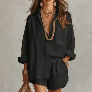 Women's Casual Long Sleeve Shirt And Shorts Top And Bottom Solid Color Loose Turn-Down Collar Outfits