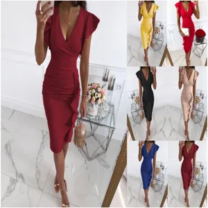 Mujer Cuello V Mangas Volantes Vestido Ajustado Elegante OL Fiesta Midi Multicolor
