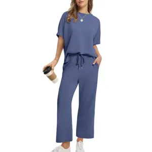 Women short sleeve top and wide leg pants lounge set summer casual two piece outfit