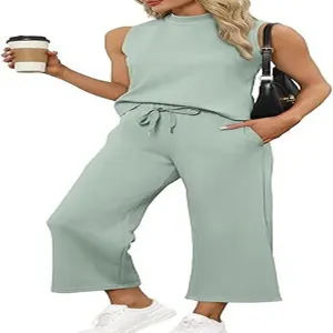 Women casual summer sleeveless top and cropped wide leg pants set chic two piece outfit