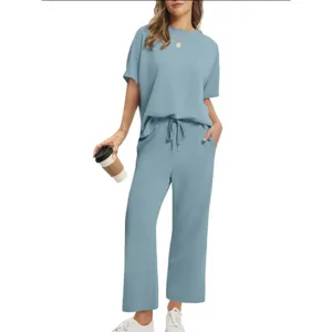Women summer casual two piece outfit short sleeve top and wide leg pants lounge set solid color