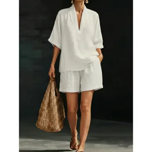 Women Summer Casual V-Neck Short Sleeve Top and Loose Shorts Set White Fashion Apparel