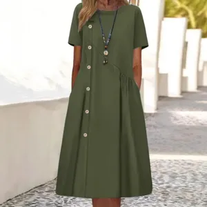 Robe midi décontractée pour femme, manches courtes col rond boutons poche unie.