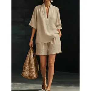Beige V-neck short sleeve top and shorts set, casual linen summer outfit for women