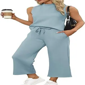 Women summer casual sleeveless top and cropped wide leg pants two piece set in light blue