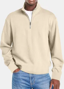 Maglione a coste da uomo con mezza zip, top casual a maniche lunghe in colore beige dettaglio.