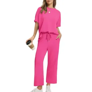 Women short sleeve top and wide leg pants lounge set summer casual two piece outfit pink