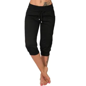 Pantalon de jogging capri tricoté décontracté pour femme avec cordon élastique noir