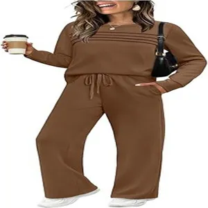 Casual autumn long-sleeve top and wide-leg trousers two-piece set, comfortable daily wear style.