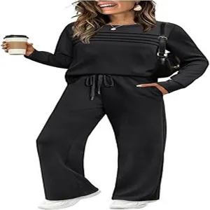 Women casual long sleeve two piece tracksuit set solid color sweater wide leg pants outfit