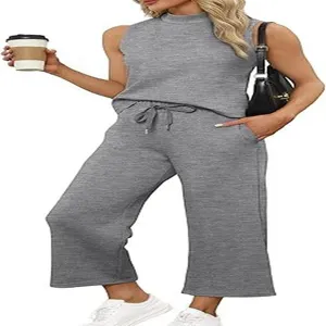 Women summer two piece set sleeveless mock neck top and wide leg cropped pants casual outfit