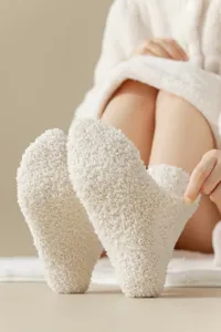 Soft cozy coral fleece women socks, thick warm fuzzy winter floor sleep socks detail view.