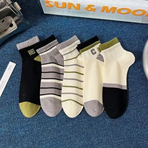 Men summer cotton short socks retro striped casual low cut embroidered breathable daily wear