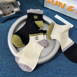 Men cotton short socks retro stripe Japanese low cut socks embroidery casual athletic socks