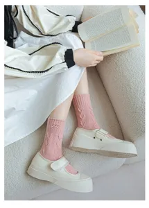 Cute embroidered mid-tube women socks, sweet pink knit design with stylish letter details.