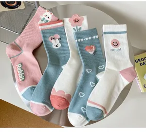 Cute embroidered mid-tube women socks with rabbit tulip and heart patterns for spring.