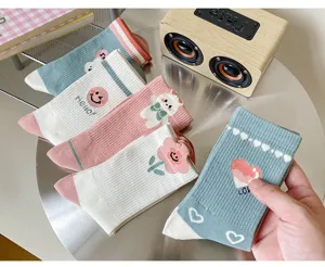 Spring summer women mid tube socks cute embroidered floral smiley heart cotton socks set