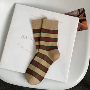 Classic striped mid-calf socks for women, featuring a stylish khaki, brown, and green colorway.