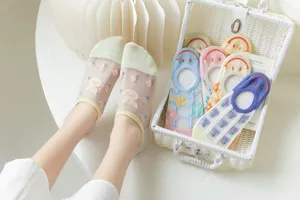 Detailed view of women summer sheer mesh short socks with cute embroidery and breathable design.
