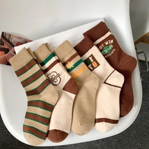 Vintage striped mid-calf socks for women, cute letter embroidery casual cotton hosiery
