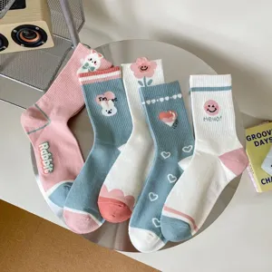 Cute women mid-tube socks with floral rabbit embroidery, soft cotton socks for spring daily wear.