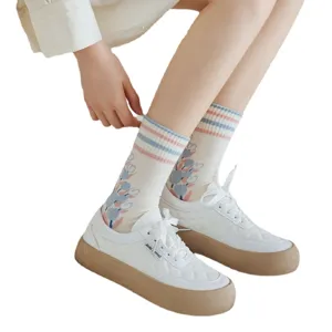 Spring summer cute tulip embroidered mid-calf socks with comfy platform white sneakers for women