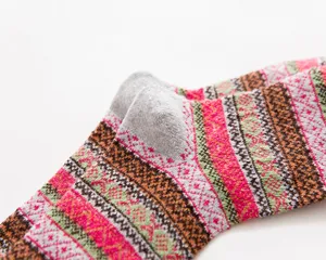 Vintage ethnic wool socks for women, retro striped warm winter casual socks with sweat absorption.
