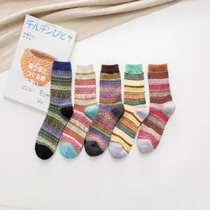 Retro vintage ethnic wool socks for women, cozy winter thermal knit casual hosiery.
