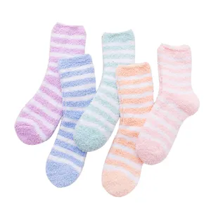 Automne hiver femmes polaire corail rayé chaussettes duveteuses epaisses chaudes maison