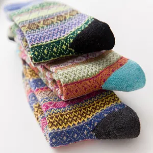 Retro ethnic wool blend women's socks, colorful geometric knit thermal casual cozy socks for winter.