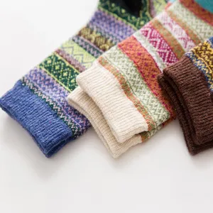 Vintage ethnic wool socks for women, autumn winter warm casual striped knit hosiery pairs.