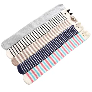 Women winter warm coral fleece over the knee long socks with cute animal ears and stripes.