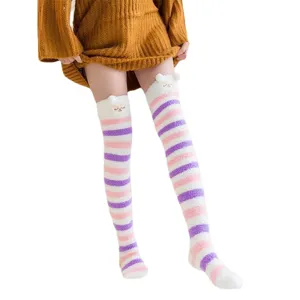 Autumn winter long coral fleece socks women over knee cute striped warm fuzzy stockings main view
