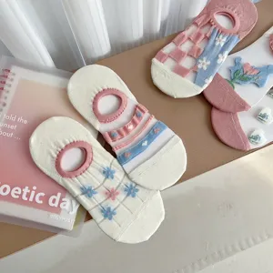 Women summer glass silk mesh shallow boat socks with floral cute design, breathable and anti-slip.