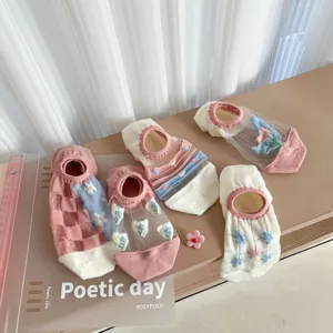 Women summer mesh short socks floral transparent glass silk boat socks detail display.