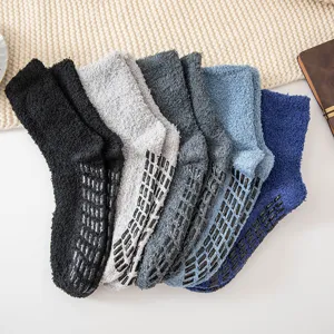 Men's Winter Thickened Coral Fleece Sleep Socks Solid Color Anti-Slip Dotted Warm Mid-Calf Home Socks Polyester
