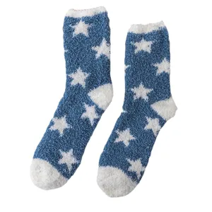 Women fuzzy coral fleece winter home socks with cute white star pattern, thick plush warm sleep socks.