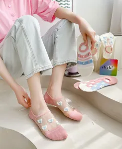 Women's sheer mesh low cut boat socks with cute heart patterns for spring and summer.