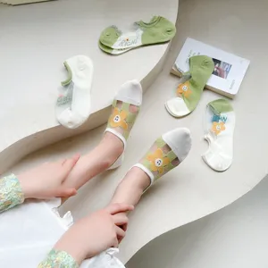 Women summer mesh boat socks with cute smiley flower pattern, breathable glass silk design.