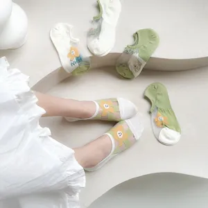 Women summer transparent mesh boat socks cute smiley flower short socks breathable non slip