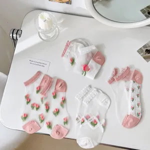 Women sheer mesh short socks with sweet pink floral embroidery, breathable spring summer ankle socks.