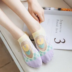 Women mesh short socks spring summer breathable low cut transparent boat socks with tulip.