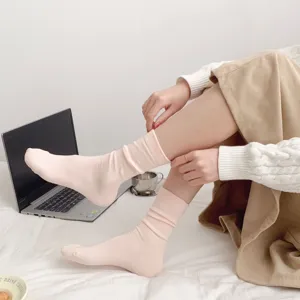 Spring summer women pink thin ribbed crew socks sweet style daily wear breathable hosiery