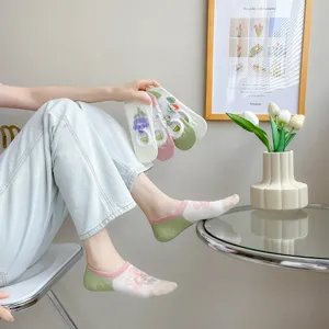 Women breathable mesh low cut boat socks with floral decoration summer casual socks 1 pair